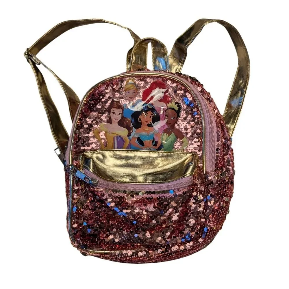 Disney Princess Pink Sequin Mini Backpack Ariel Jasmine Cinderella Belle Tiana
